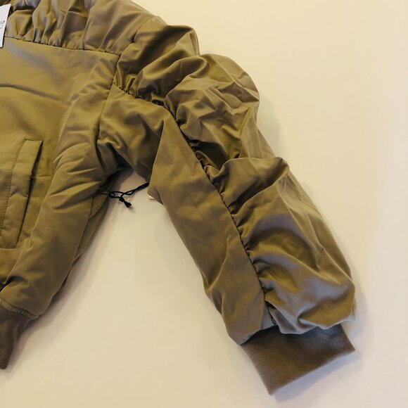 Forever 21 Ruched Bomber Jacket Zip Up Size S Light Olive 2 Pockets Short Length - Picture 6 of 14